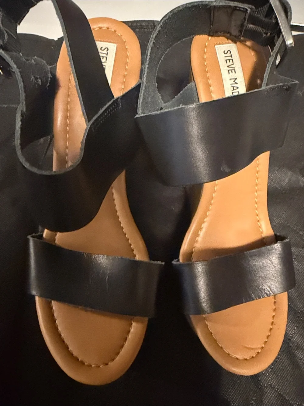 Steve Madden Black Leather Two-Strap Platform Sandals with Tan Footbed